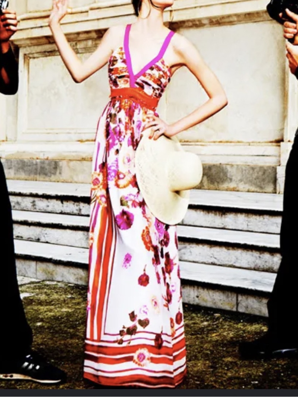 Alberta Ferretti Pink & Orange Floral V-Neck Maxi Dress with Striped Hem
